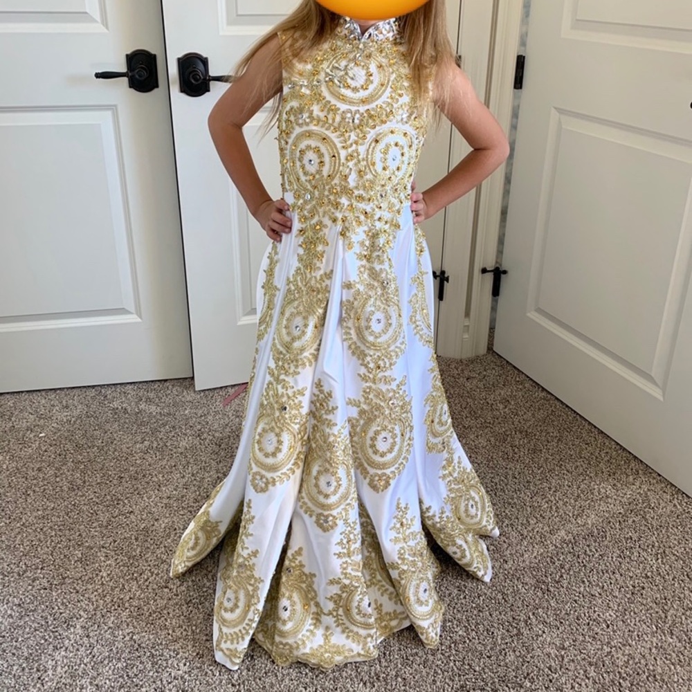 White and gold pageant dress